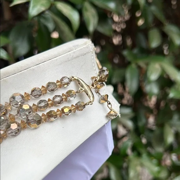 Mid-20th Century Smoky Gold Beaded Faceted Glass Three Strands Choker Necklace - Picture 5 of 5